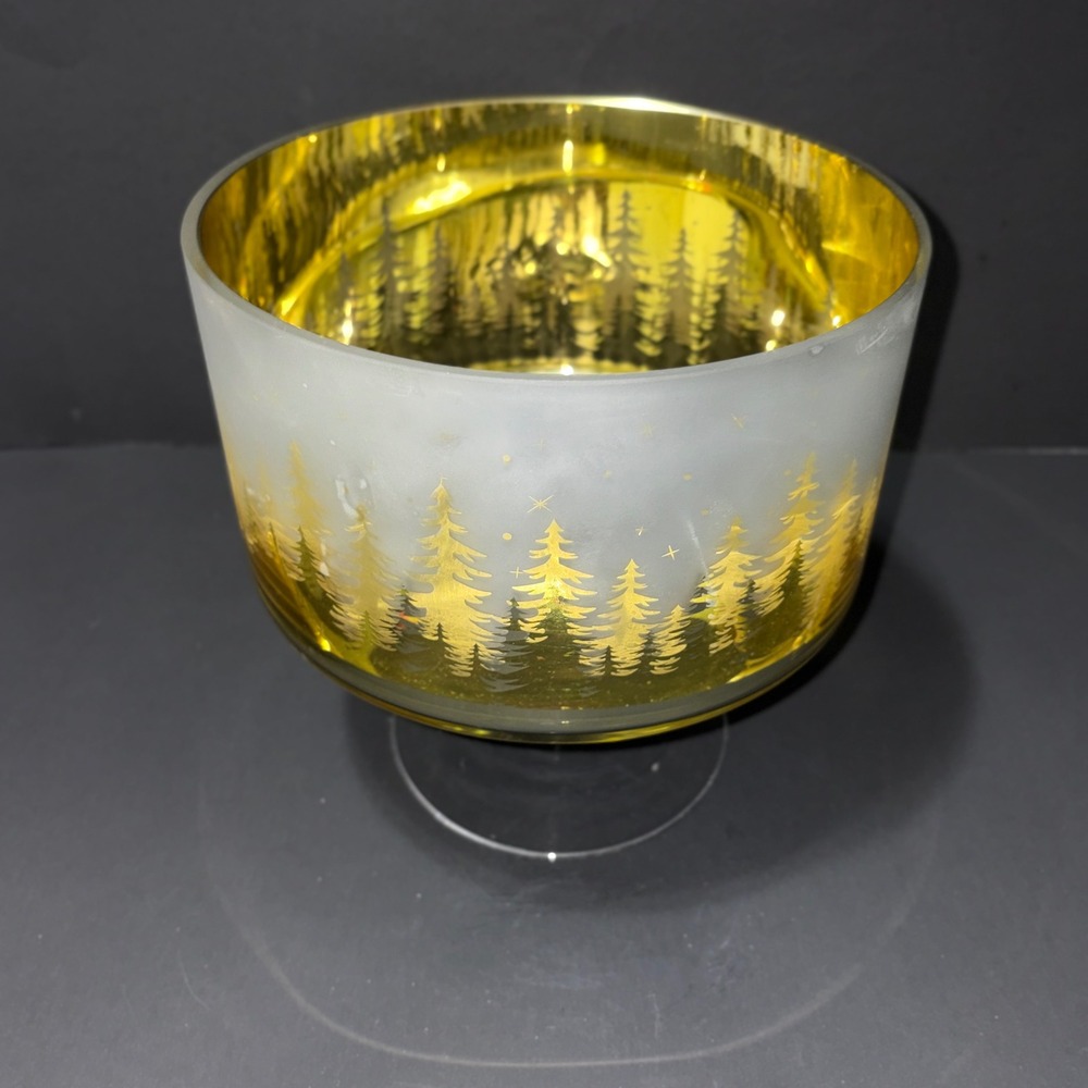 Trifle Bowl Christmas Gold Frosted Glass Pine Tree Forest Holiday Centerpiece 7" - Picture 13 of 16